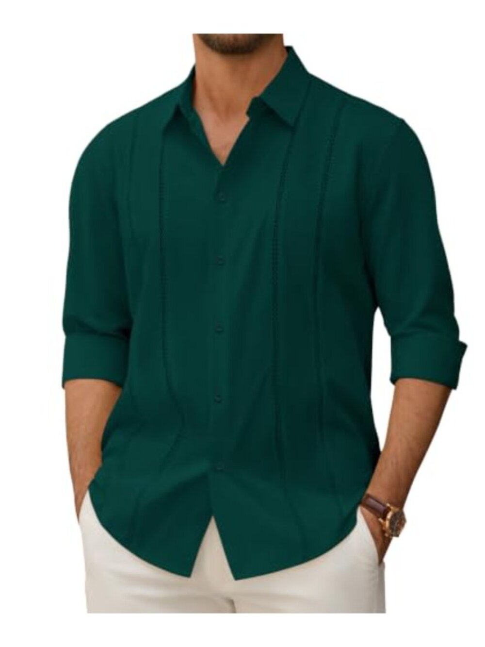 Long Sleeve Button Down Guayabera Shirt Linen Texture Stretch Breathable